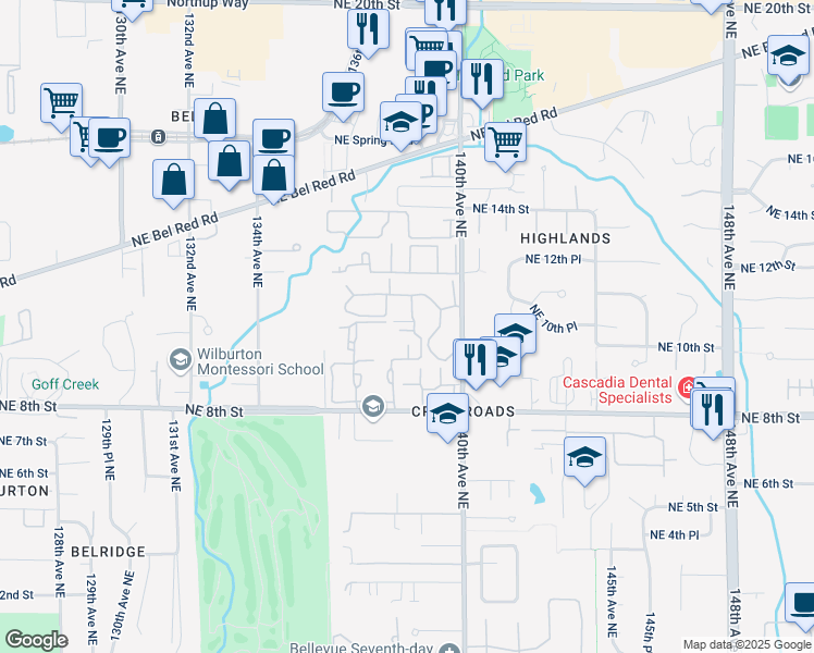 map of restaurants, bars, coffee shops, grocery stores, and more near 921 139th Avenue Northeast in Bellevue