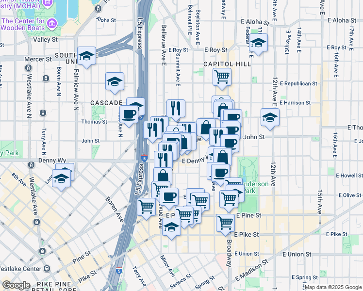 map of restaurants, bars, coffee shops, grocery stores, and more near 1600 East Olive Way in Seattle