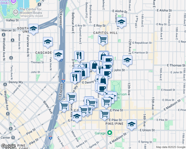 map of restaurants, bars, coffee shops, grocery stores, and more near 1711 East Olive Way in Seattle