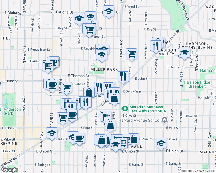 map of restaurants, bars, coffee shops, grocery stores, and more near 130 21st Avenue East in Seattle