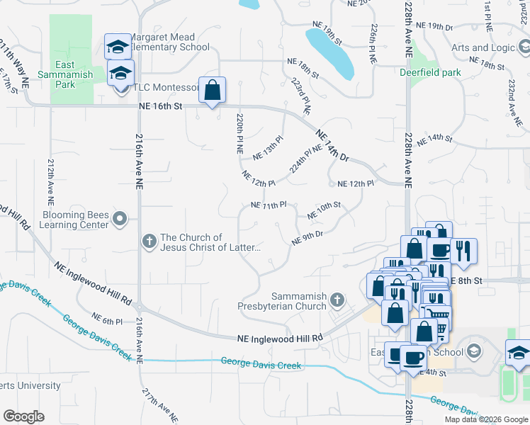 map of restaurants, bars, coffee shops, grocery stores, and more near 22129 Northeast 10th Place in Redmond
