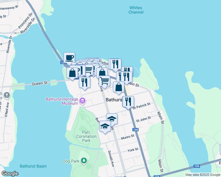 map of restaurants, bars, coffee shops, grocery stores, and more near 244 Saint George Street in Bathurst
