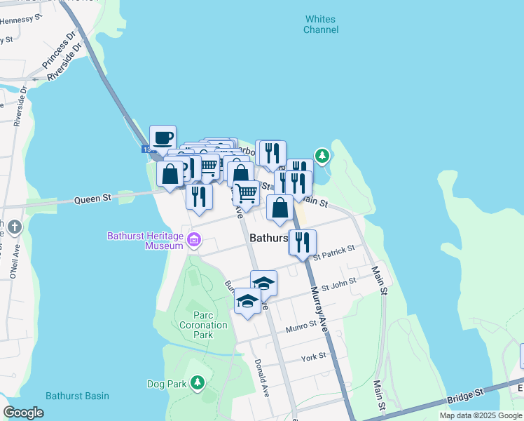 map of restaurants, bars, coffee shops, grocery stores, and more near 250 Saint George Street in Bathurst