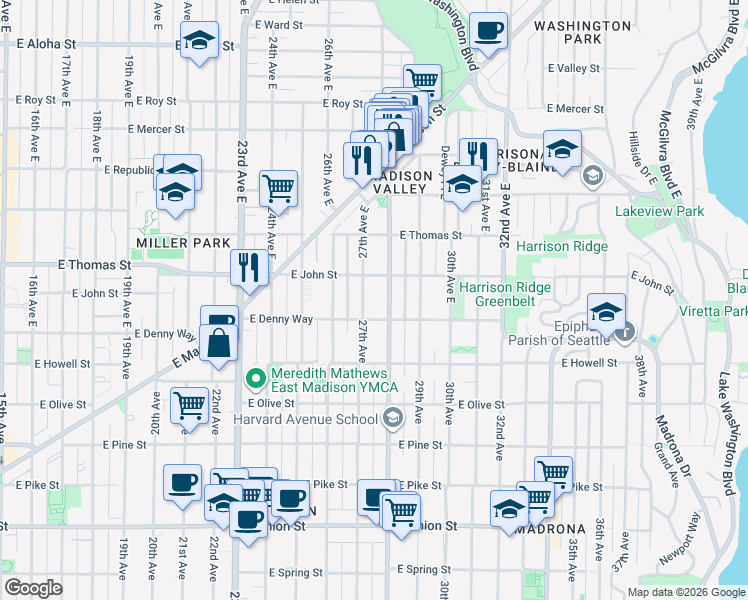 map of restaurants, bars, coffee shops, grocery stores, and more near 101 Martin Luther King Junior Way East in Seattle
