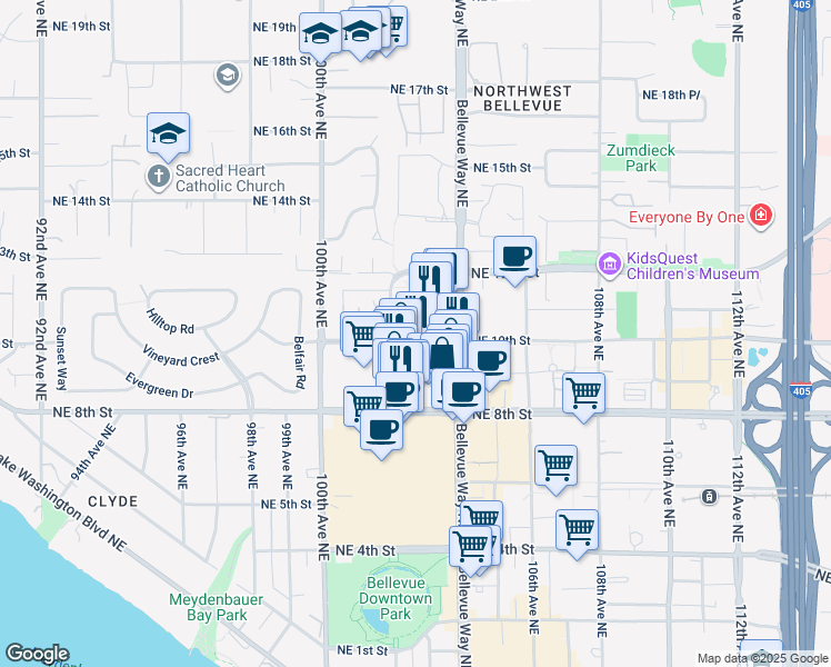 map of restaurants, bars, coffee shops, grocery stores, and more near 10232 Northeast 10th Street in Bellevue