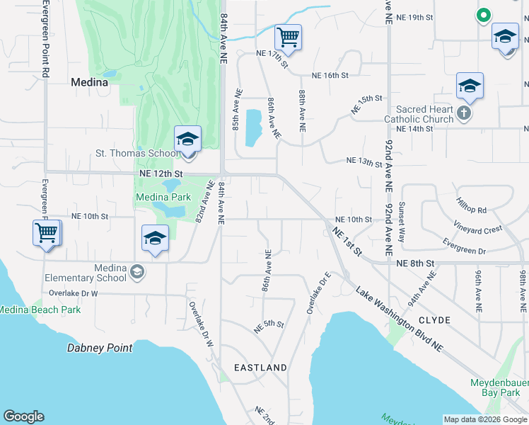 map of restaurants, bars, coffee shops, grocery stores, and more near 8604 Northeast 10th Street in Medina