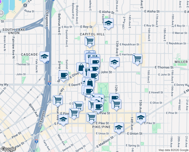 map of restaurants, bars, coffee shops, grocery stores, and more near 901 East Barbara Bailey Way in Seattle