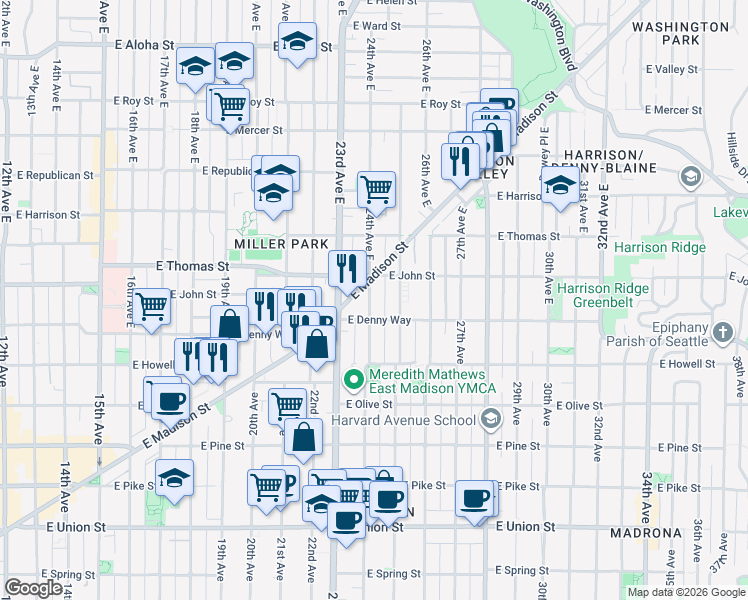 map of restaurants, bars, coffee shops, grocery stores, and more near 100 24th Avenue East in Seattle