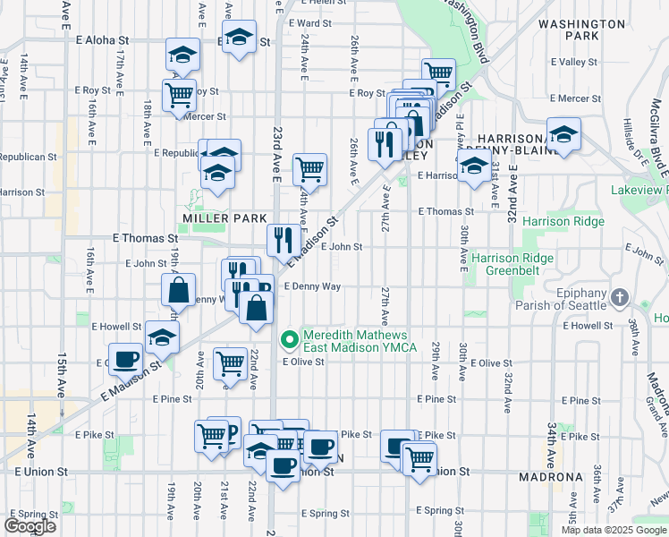 map of restaurants, bars, coffee shops, grocery stores, and more near 2500 East Denny Way in Seattle