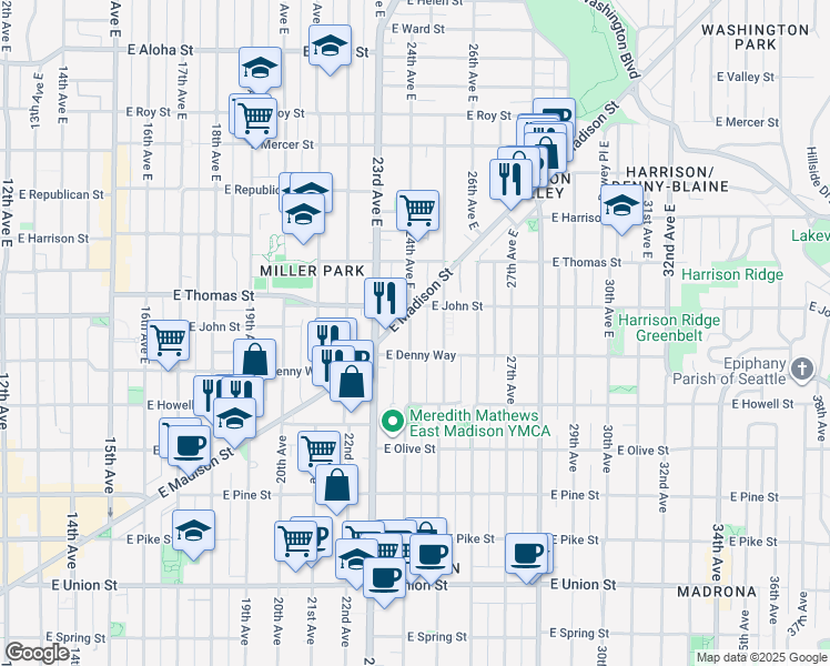 map of restaurants, bars, coffee shops, grocery stores, and more near 100 24th Avenue East in Seattle