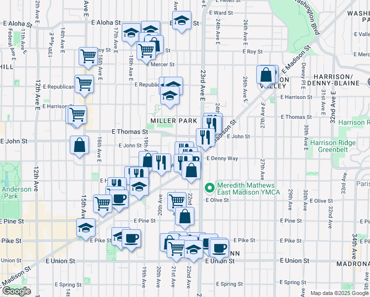 map of restaurants, bars, coffee shops, grocery stores, and more near 119 22nd Avenue East in Seattle