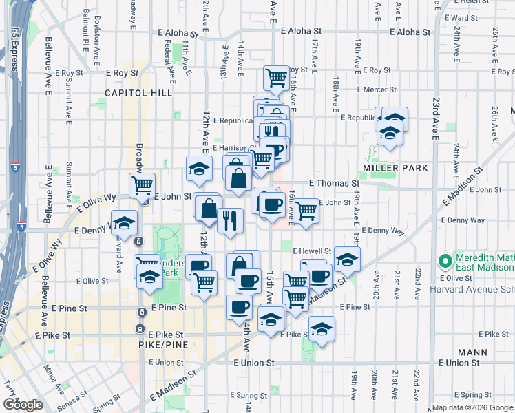map of restaurants, bars, coffee shops, grocery stores, and more near 115 15th Avenue East in Seattle
