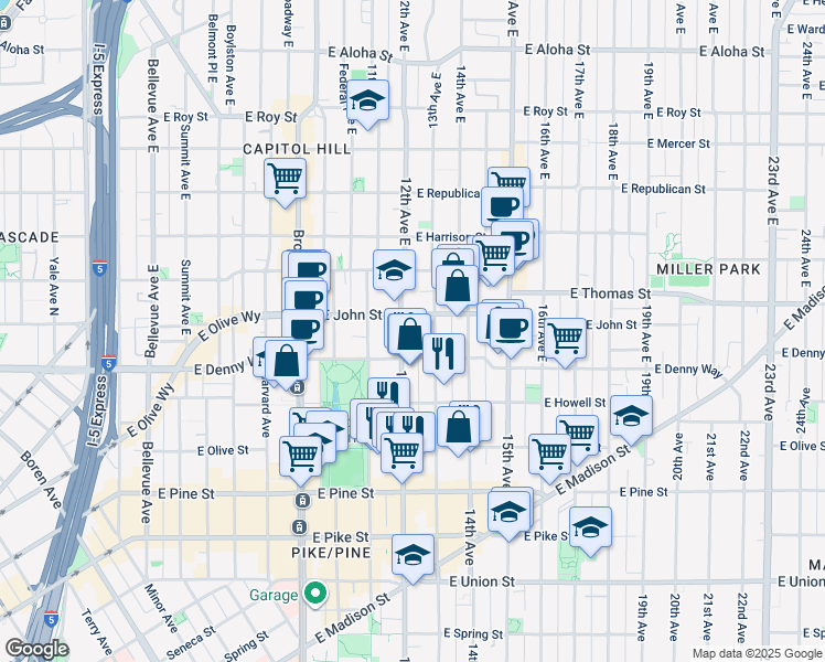 map of restaurants, bars, coffee shops, grocery stores, and more near 109 13th Avenue East in Seattle