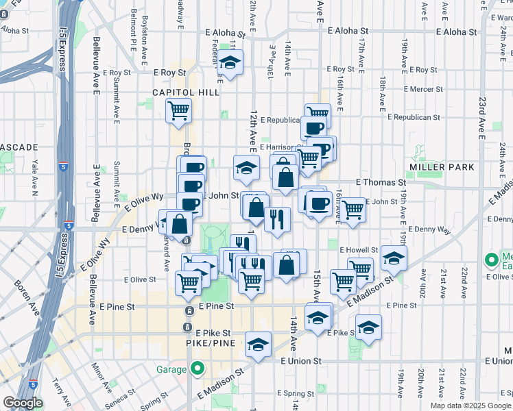 map of restaurants, bars, coffee shops, grocery stores, and more near 109 13th Avenue East in Seattle