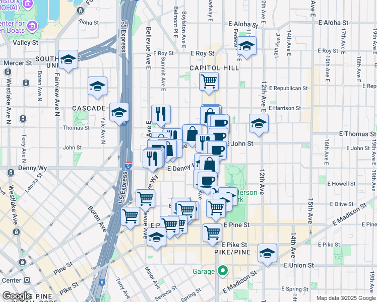 map of restaurants, bars, coffee shops, grocery stores, and more near 123 Boylston Avenue East in Seattle