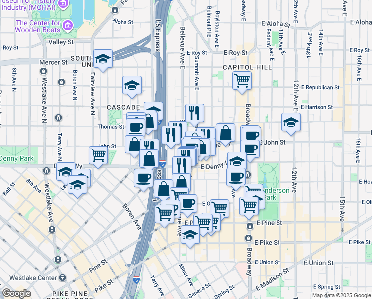 map of restaurants, bars, coffee shops, grocery stores, and more near 112 Bellevue Avenue East in Seattle