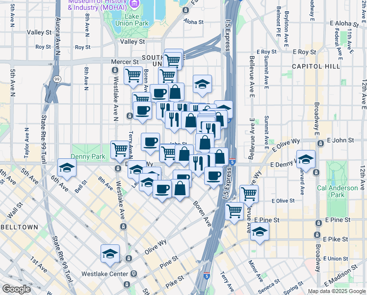 map of restaurants, bars, coffee shops, grocery stores, and more near 1250 Denny Way in Seattle