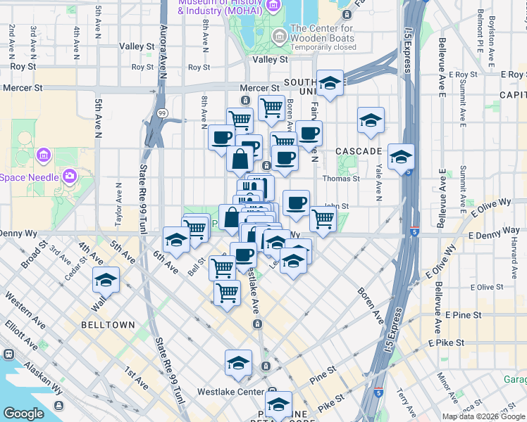 map of restaurants, bars, coffee shops, grocery stores, and more near 1000 Denny Way in Seattle