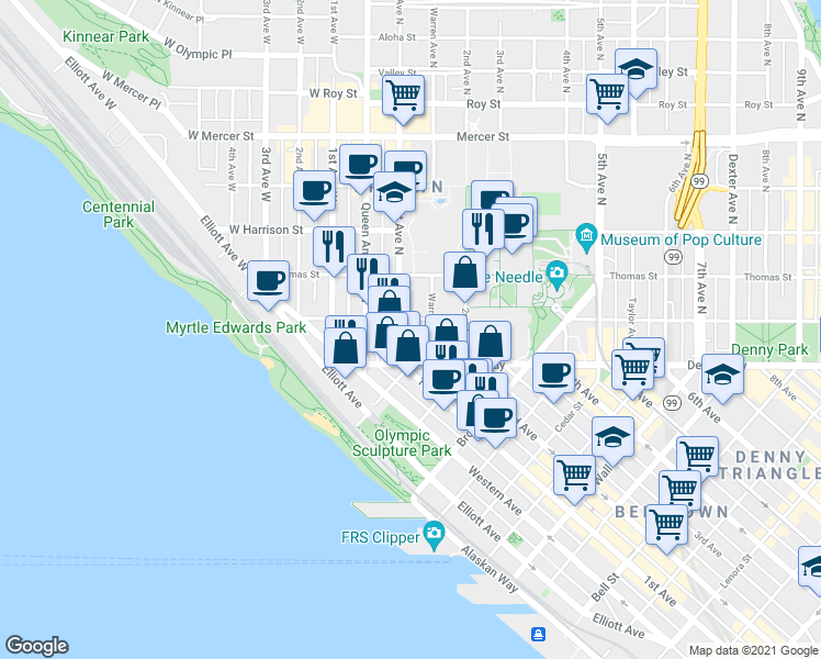 map of restaurants, bars, coffee shops, grocery stores, and more near 107 Denny Way in Seattle