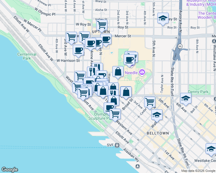 map of restaurants, bars, coffee shops, grocery stores, and more near 129 Warren Avenue North in Seattle