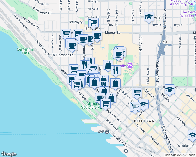 map of restaurants, bars, coffee shops, grocery stores, and more near 117 West John Street in Seattle