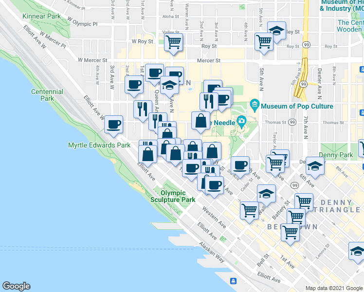 map of restaurants, bars, coffee shops, grocery stores, and more near 114 1st Avenue North in Seattle