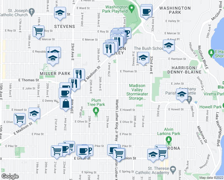 map of restaurants, bars, coffee shops, grocery stores, and more near 101 Martin Luther King Junior Way East in Seattle
