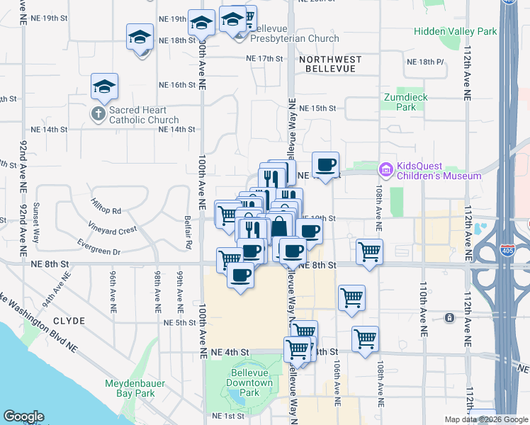 map of restaurants, bars, coffee shops, grocery stores, and more near 10232 Northeast 10th Street in Bellevue
