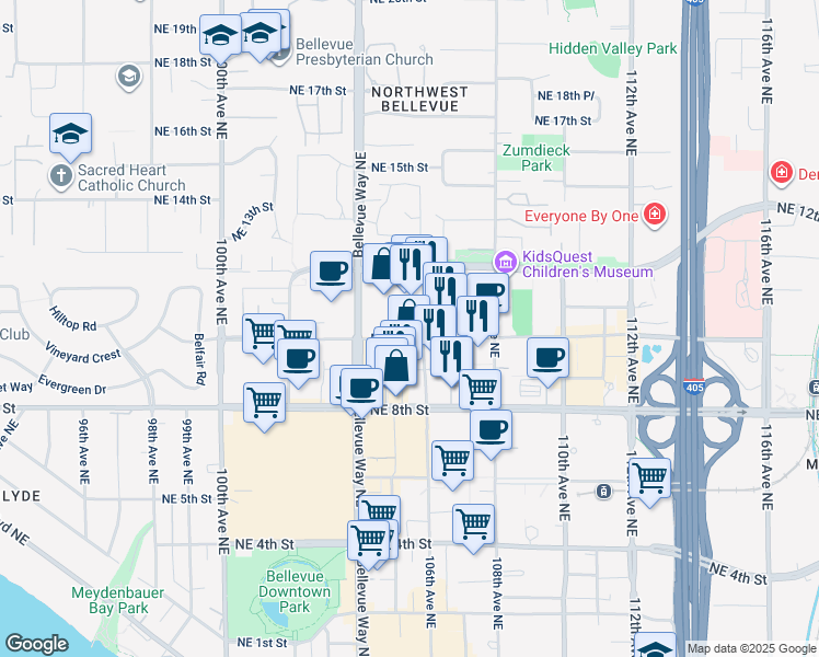 map of restaurants, bars, coffee shops, grocery stores, and more near 10550 Northeast 10th Street in Bellevue