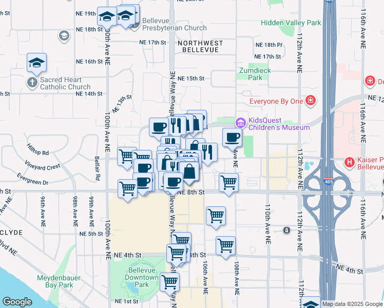 map of restaurants, bars, coffee shops, grocery stores, and more near 10450 Northeast 10th Street in Bellevue