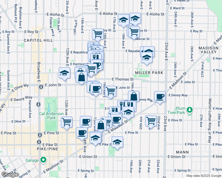 map of restaurants, bars, coffee shops, grocery stores, and more near 1619 East John Street in Seattle