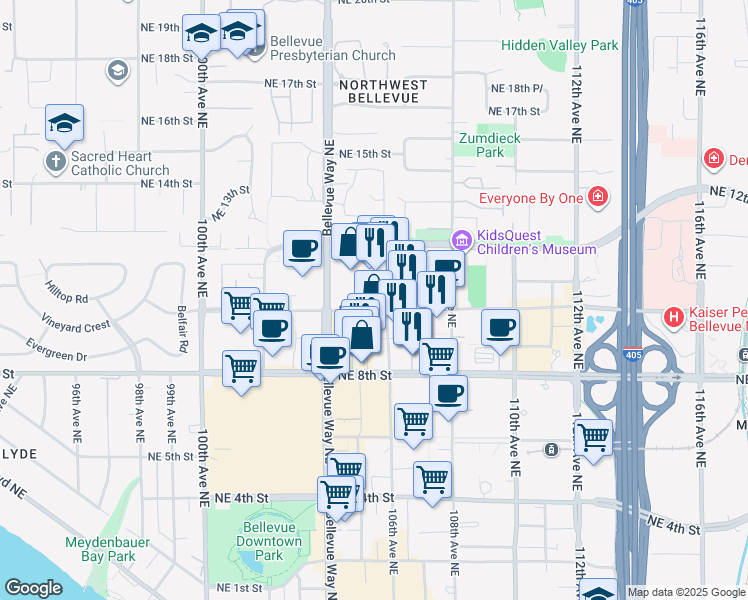 map of restaurants, bars, coffee shops, grocery stores, and more near 10550 Northeast 10th Street in Bellevue