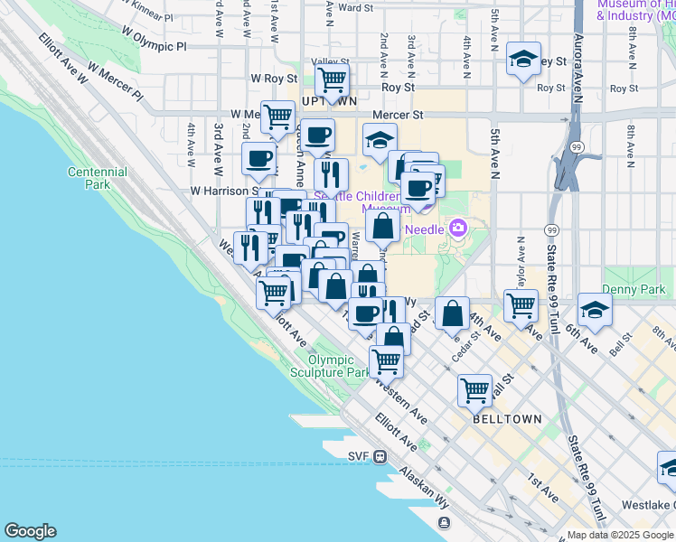 map of restaurants, bars, coffee shops, grocery stores, and more near 109 John Street in Seattle