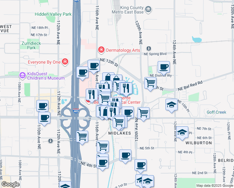map of restaurants, bars, coffee shops, grocery stores, and more near 9 Lake Bellevue Drive in Bellevue