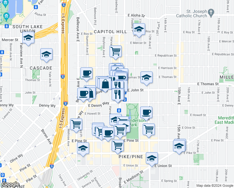 map of restaurants, bars, coffee shops, grocery stores, and more near 102 Harvard Avenue East in Seattle