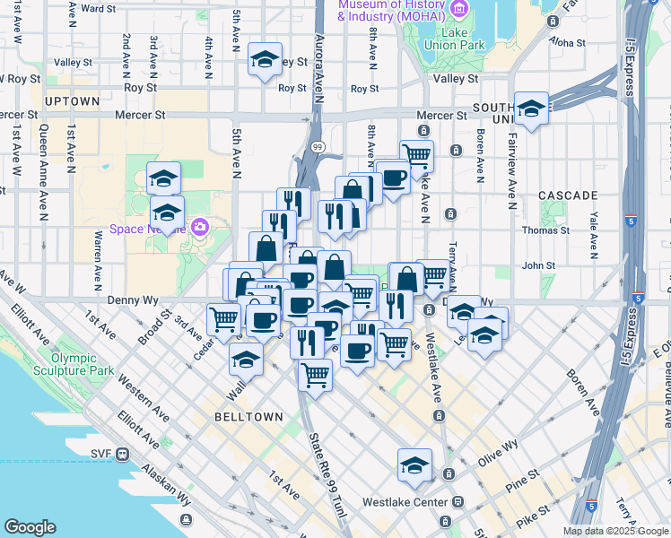 map of restaurants, bars, coffee shops, grocery stores, and more near 115 Dexter Avenue North in Seattle