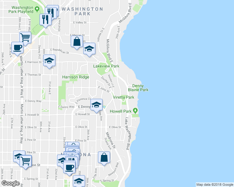 map of restaurants, bars, coffee shops, grocery stores, and more near 3802 East John Street in Seattle
