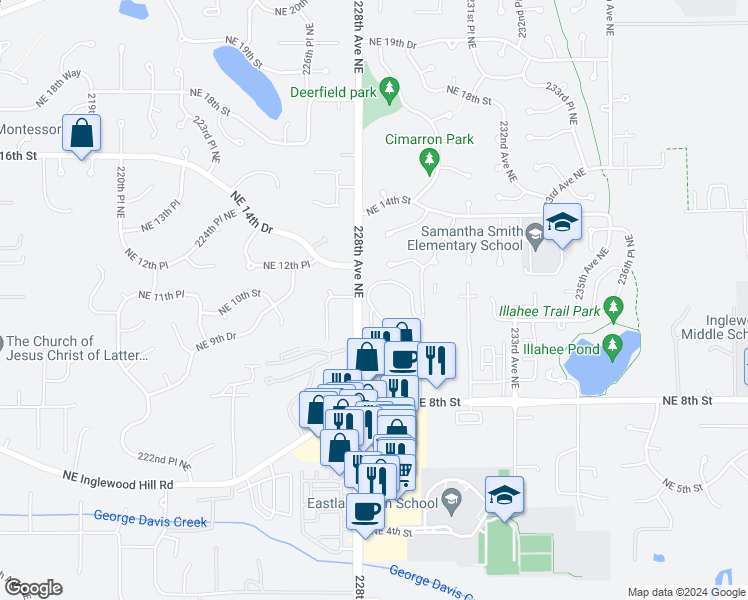 map of restaurants, bars, coffee shops, grocery stores, and more near 900 228th Avenue Northeast in Sammamish