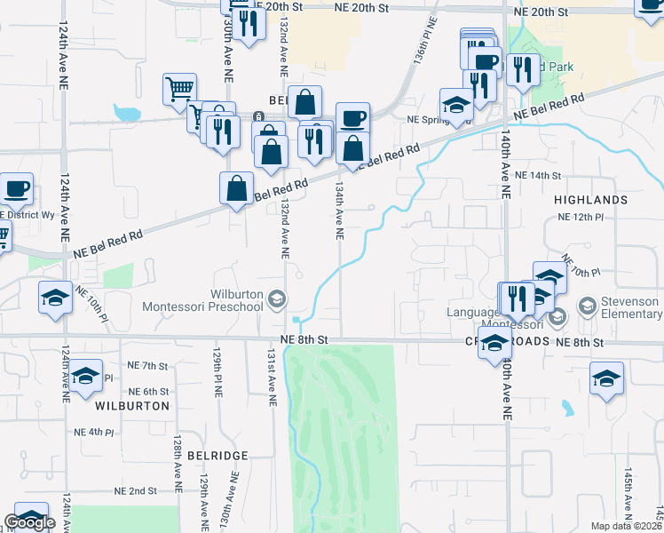 map of restaurants, bars, coffee shops, grocery stores, and more near 840 134th Avenue Northeast in Bellevue