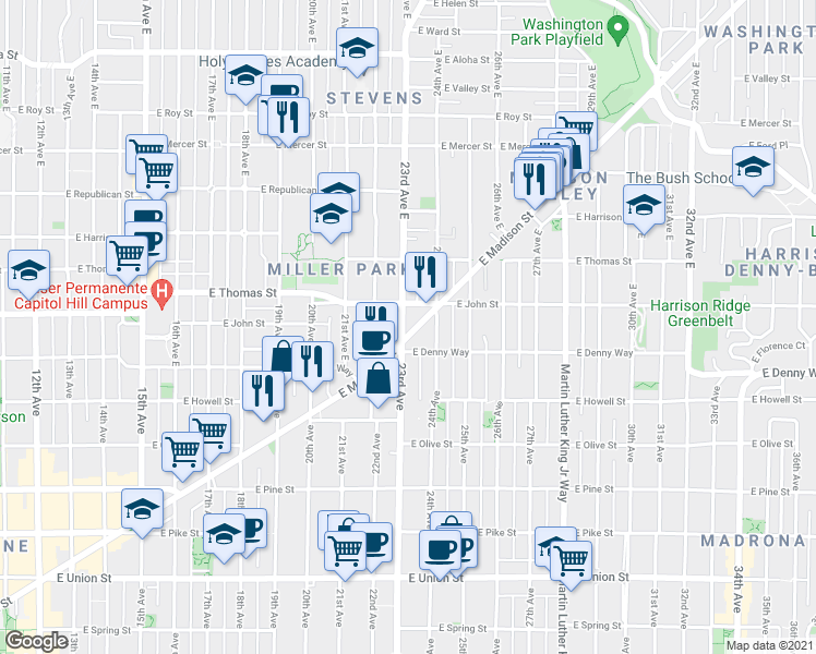 map of restaurants, bars, coffee shops, grocery stores, and more near 2303 East Madison Street in Seattle