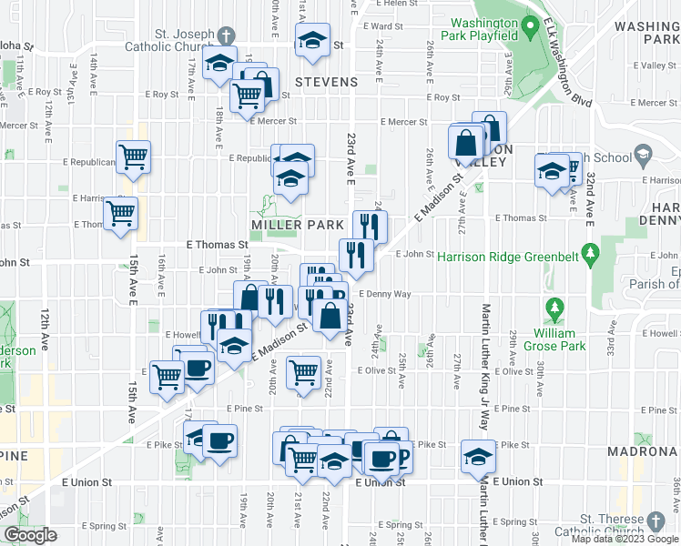 map of restaurants, bars, coffee shops, grocery stores, and more near 2303 East Madison Street in Seattle