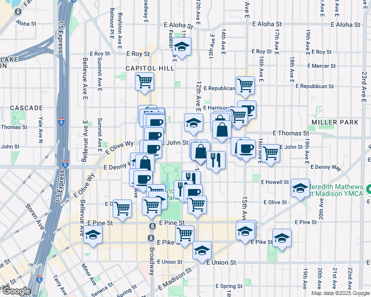 map of restaurants, bars, coffee shops, grocery stores, and more near 1116 East Denny Way in Seattle