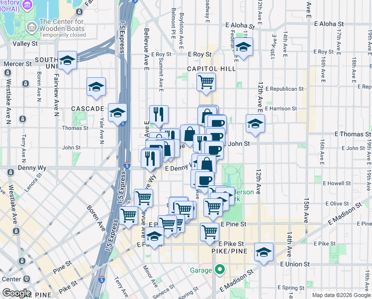 map of restaurants, bars, coffee shops, grocery stores, and more near 112 Boylston Avenue East in Seattle