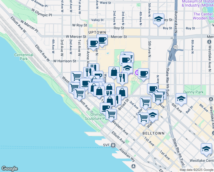 map of restaurants, bars, coffee shops, grocery stores, and more near 116 Warren Avenue North in Seattle