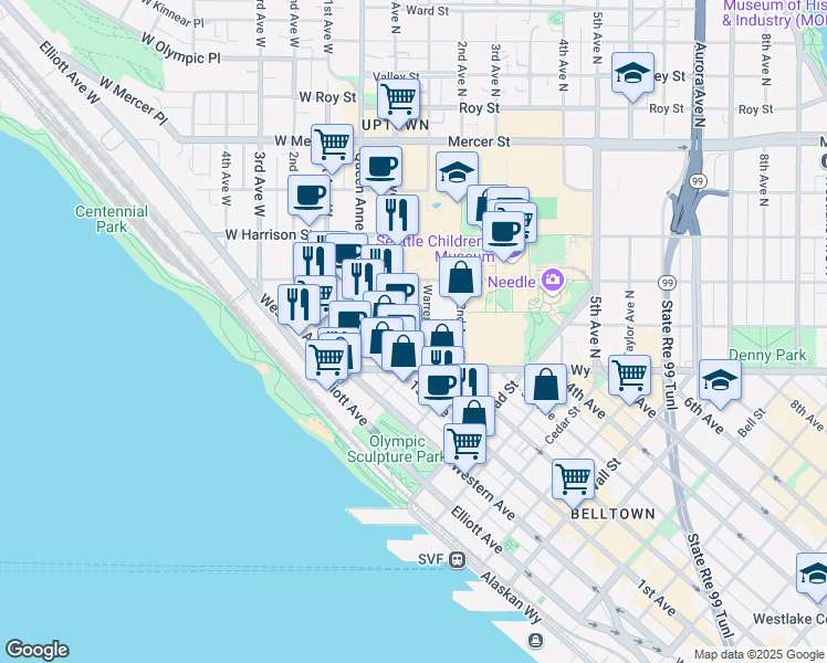 map of restaurants, bars, coffee shops, grocery stores, and more near 114 1st Avenue North in Seattle