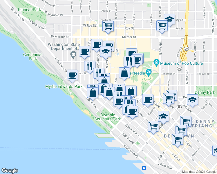 map of restaurants, bars, coffee shops, grocery stores, and more near 107 Denny Way in Seattle