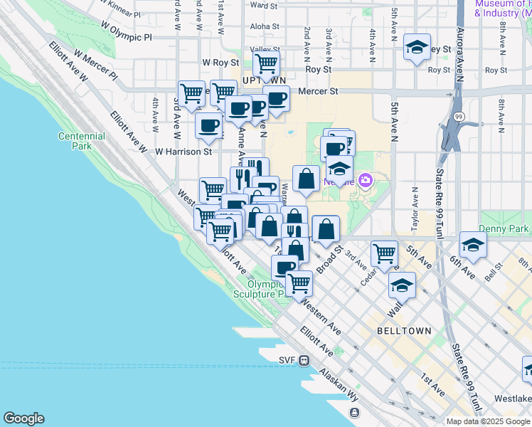 map of restaurants, bars, coffee shops, grocery stores, and more near 107 Denny Way in Seattle