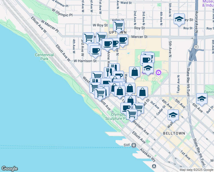 map of restaurants, bars, coffee shops, grocery stores, and more near 10 Denny Way in Seattle