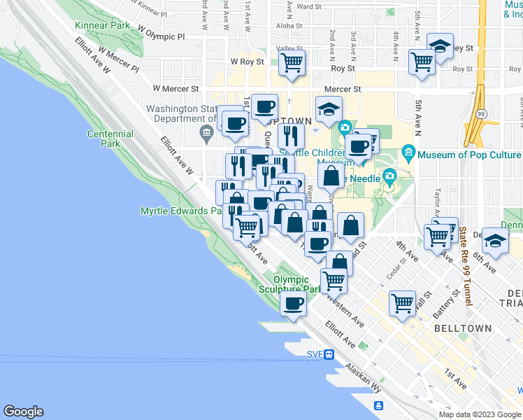 map of restaurants, bars, coffee shops, grocery stores, and more near 10 Denny Way in Seattle
