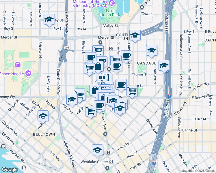 map of restaurants, bars, coffee shops, grocery stores, and more near 1000 Denny Way in Seattle